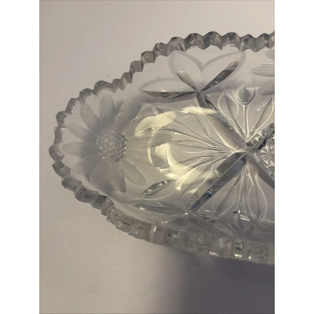 American Brilliant Period Glass Daisy Floral Diamond Pattern OVAL Relish‎ Dish